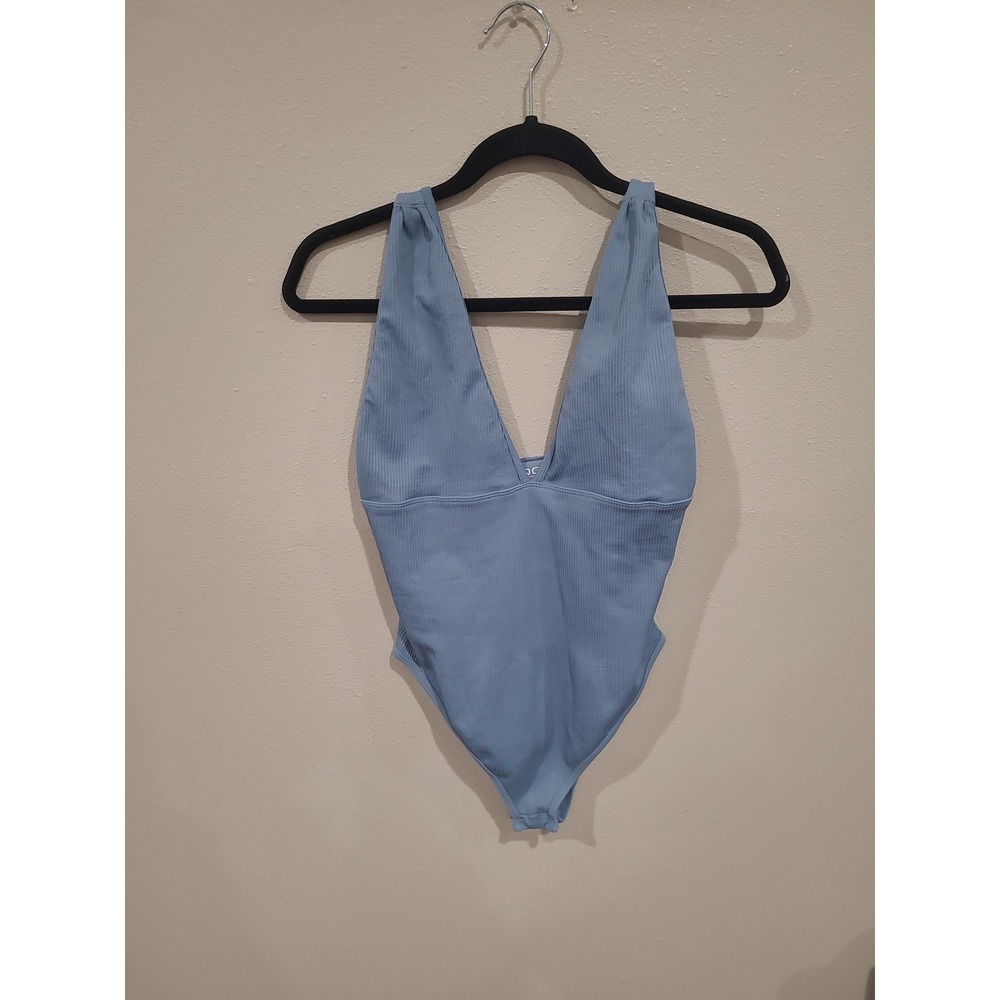 OQQ Slate Blue Ribbed Halter Bodysuit‎ Women SZ L layer piece festival vacation